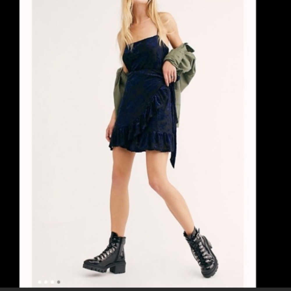 Free People Olivia Black and Blue Velvet Burnout Dress Size Large